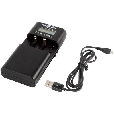 Čierna nabíjačka batérií 'Powerline Vario X' s USB pripájacím káblom, vhodná pre rôzne typy akumulátorov.