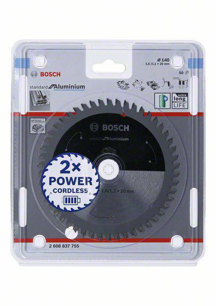 Balené pílové kotúče Bosch pre hliník, priemer 140 mm, 50 zubov, '2x Power Cordless', určené pre bezdrôtové náradie.
