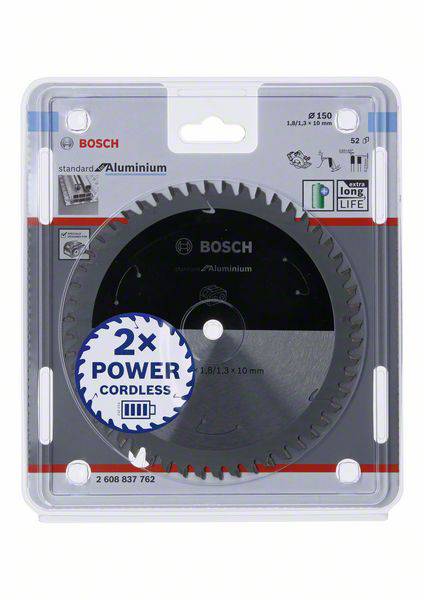 Obal pílového kotúča značky Bosch, vhodný pre hliník, s nápisom '2x Power Cordless', priemer 150 mm.