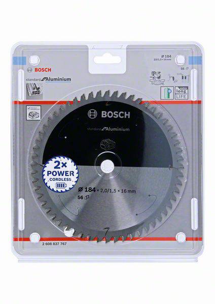 Kotúč pílového listu v obale. Označený pre hliník, s údajom: priemer 184 mm, 56 zubov. Značka: Bosch. Vhodný pre akumulátorové píly.