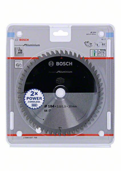 Kotúč pílového listu v obale, vhodný pre hliníkové práce, priemer 184 mm, značka: Bosch. 56 zubov, propagovaný ako '2x Power'.