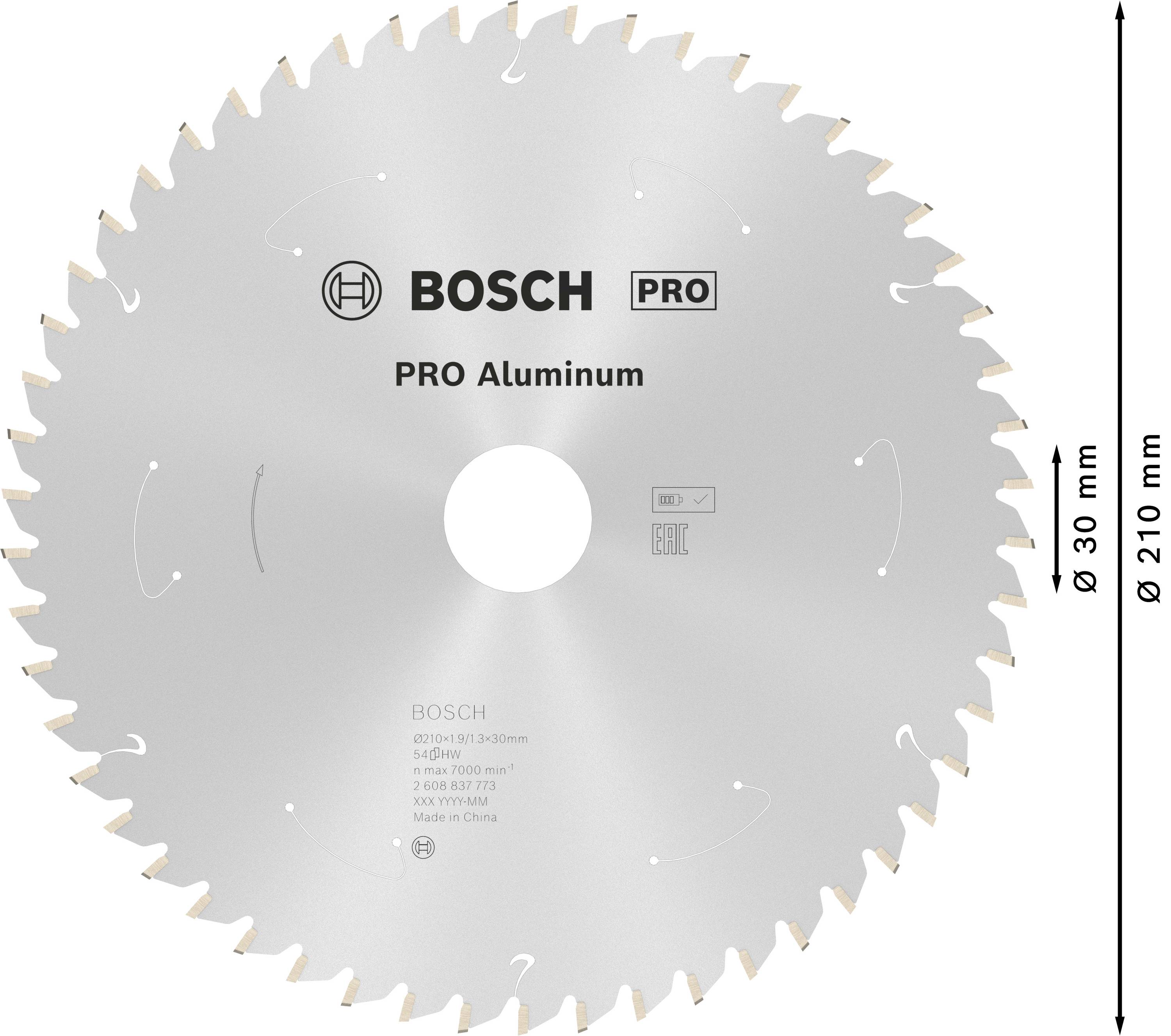 Guľatý pílový kotúč značky Bosch na hliník, priemer 210 mm a otvor 30 mm, so šípkami označujúcimi smer otáčania, 60 zubov.