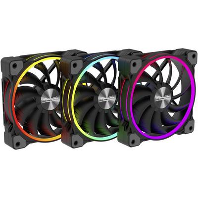 Tri počítačové ventilátory s RGB svetelnými efektmi v žltej, modrej a červenej farbe, všetky identické a usporiadané vedľa seba.