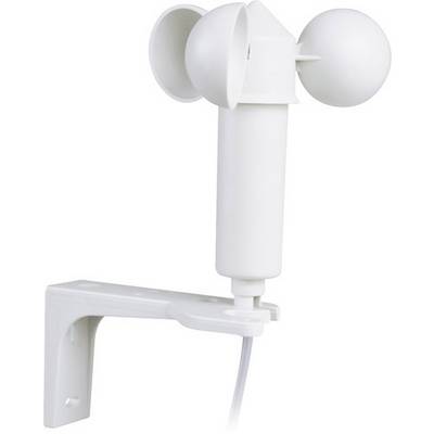Biely anemometer s tromi miskami, namontovaný na konzole, meria rýchlosť vetra.