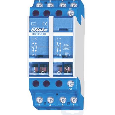 Elektrické relé Eltako, model XR12-310, zobrazuje pripojovacie svorky a údaje o napätí (25A, 250V) na modrom kryte.