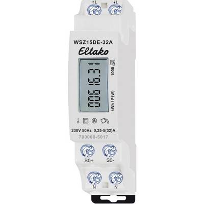 Digitálny elektromer od Eltako, model WSZ15DE-32A, zobrazuje kilowatthodiny. Napätie: 230V, 50Hz, prúd: 0,25-5(32)A.