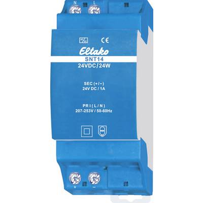 Modrý relé s nápisom 'Eltako SNT14', napätia 24VDC/24W a 207-253V/50-60Hz, s prípojkami pre elektrickú kabeláž.