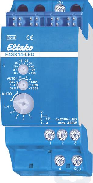 Modrý Eltako F4SR14-LED impulzný spínač s otočným regulátorom, schémou zapojenia a technickými špecifikáciami pre LED svietidlá.