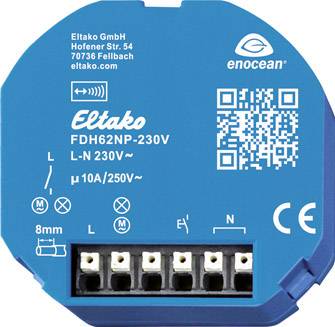 Elektronický aktor od Eltako, model FDH62NP-230V, 230V, 10A/250V~. Kryt zobrazuje logo značky, adresu firmy a CE označenie.