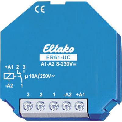 Modrý Eltako relé spínací aktor, model ER61-UC, pre 8-230V pri 10A/250V~. Zobrazuje pripájacie svorky a elektrické symboly.