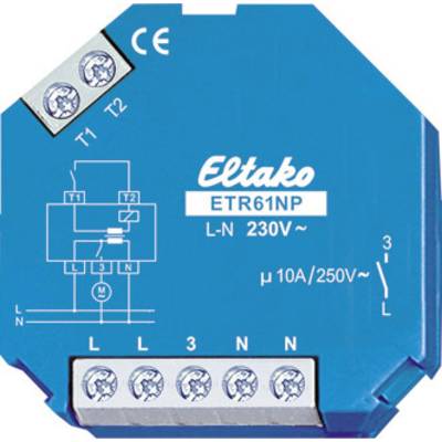 Elektrický komponent s nápisom 'Eltako ETR61NP', 230V, modrej farby, zobrazuje schému zapojenia, štyri svorky dole.