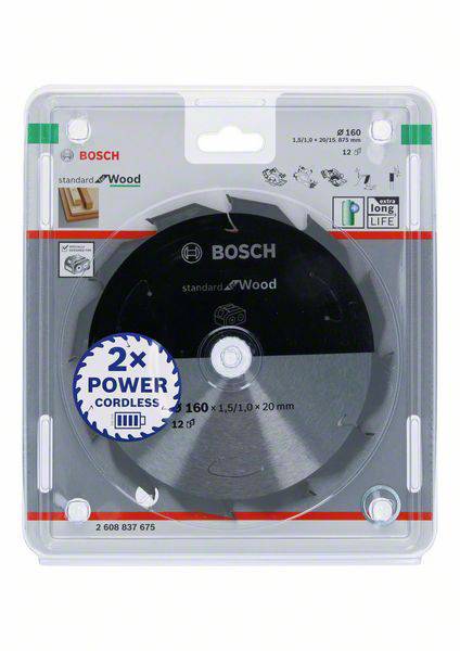 Pílový list Bosch Standard for Wood, ø160 mm, 12 zubov, šírka rezu 1,5 mm, otvor 20 mm, vhodný pre akumulátorové píly, balenie.