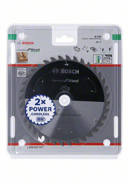 Guľatý pílový list od Bosch v obale; vhodný na spracovanie dreva; zvýraznené vlastnosti ako '2x Power Cordless'.