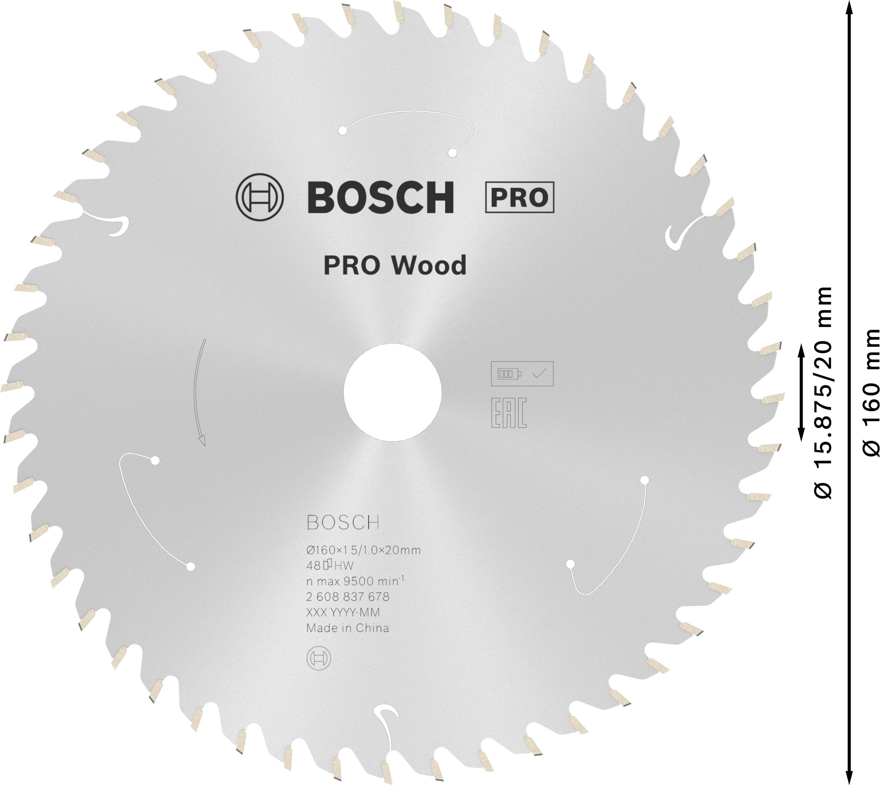 Kotúč pílový 'Bosch PRO Wood', priemer 160 mm, otvor 20 mm. Vhodný pre prácu s drevom. Informácie o produkte a rozmery sú viditeľné.