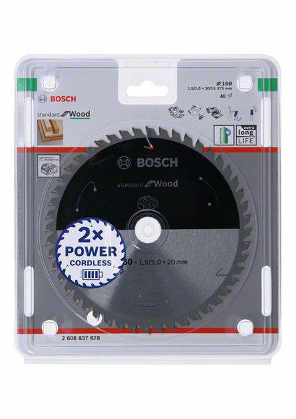 'Pílový list Bosch na drevo, priemer 160 mm, optimalizovaný pre bezšnúrové píly, balenie s obrysovou grafikou, odolný.'