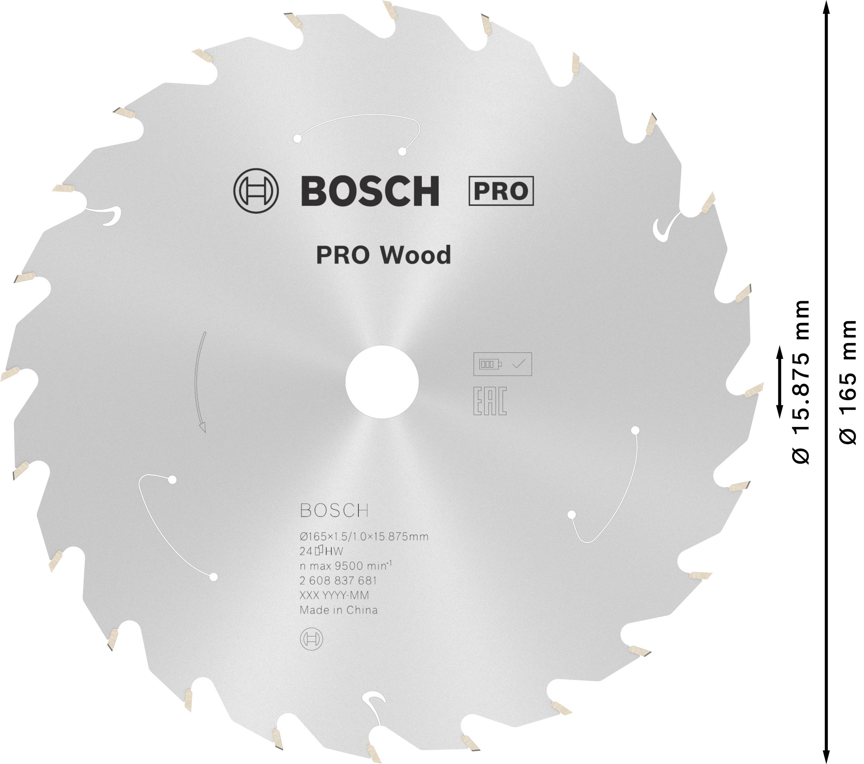 Kotúč pílový s logom Bosch a nápisom 'PRO Wood', priemer 165 mm, 24 zubov, vhodný na spracovanie dreva.