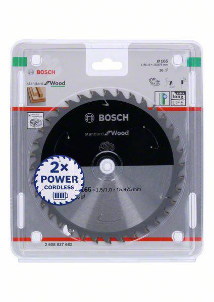 Zabalený kotúč pílového listu od Boscha, vhodný pre práce s drevom, s priemerom 165 mm a 36 zubami. Produktový štítok '2x Power Cordless'.