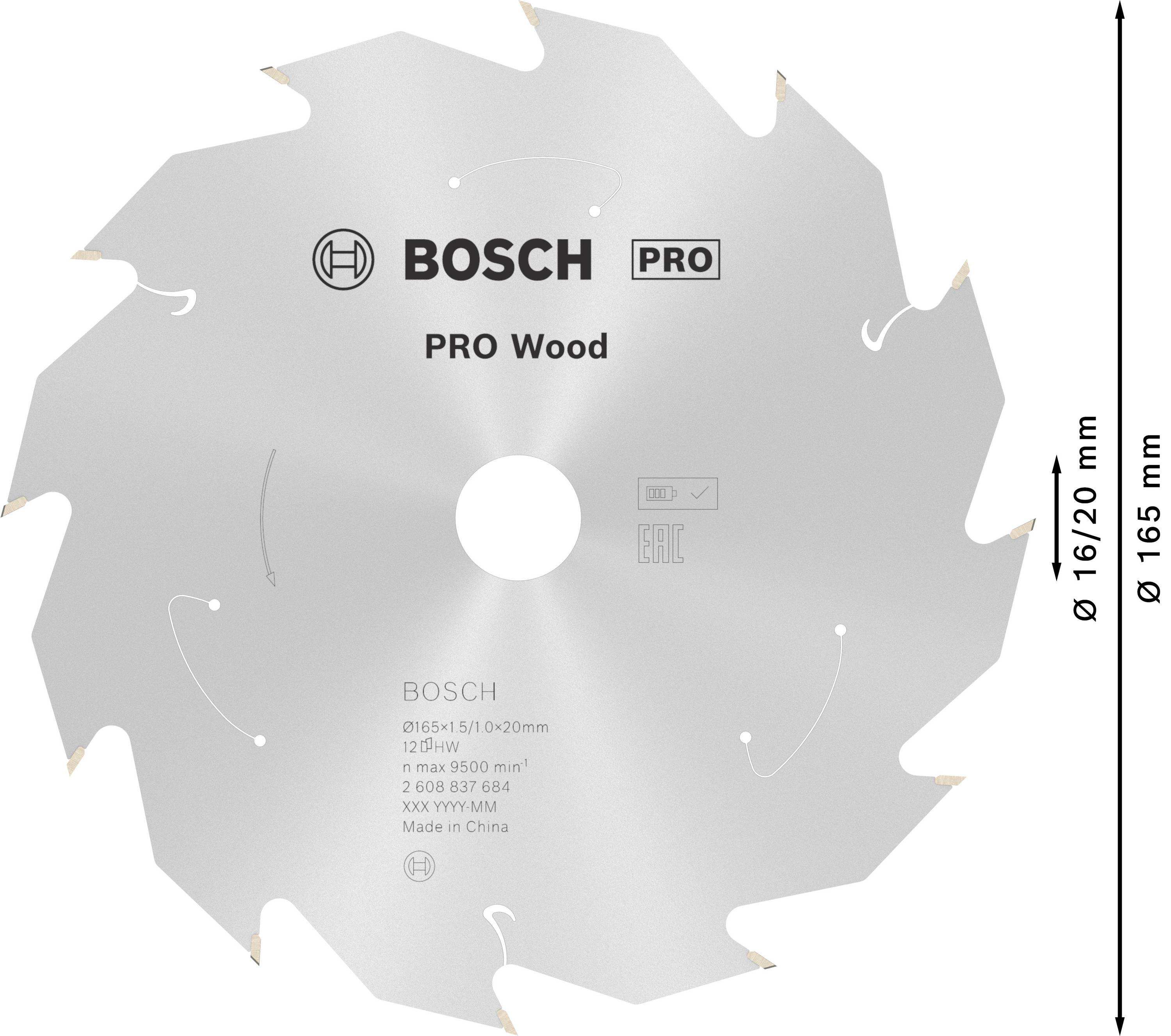 Kotúč pílový na obrábanie dreva od Bosch, priemer 165 mm. Striebornej farby so zubeným okrajom a otvorom Ø 16/20 mm.
