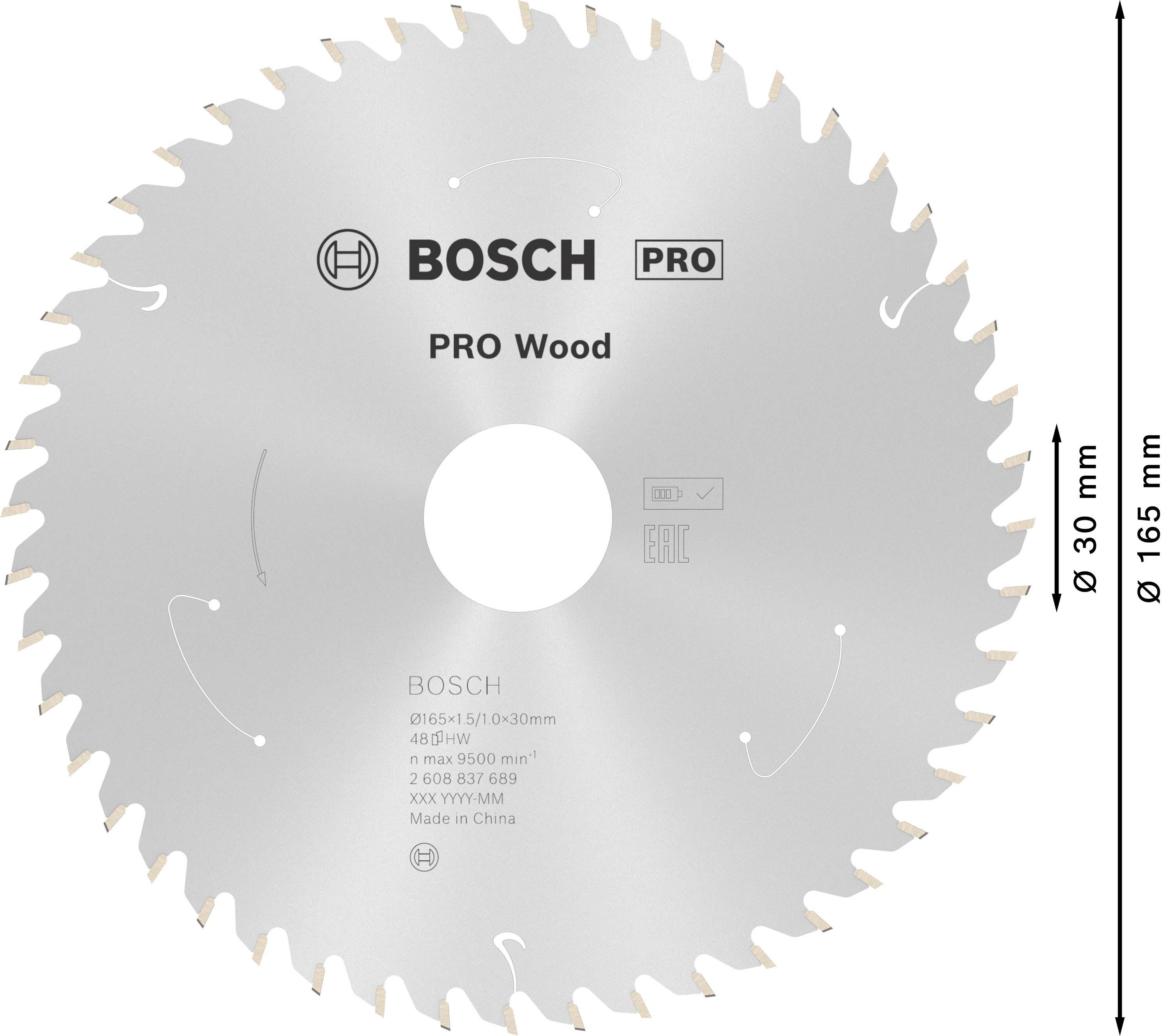 Kotúč na okružnú pílu s nápisom 'BOSCH PRO Wood', priemer 165 mm, otvor 30 mm. Vhodný na rezanie dreva, max. 9500 ot./min.