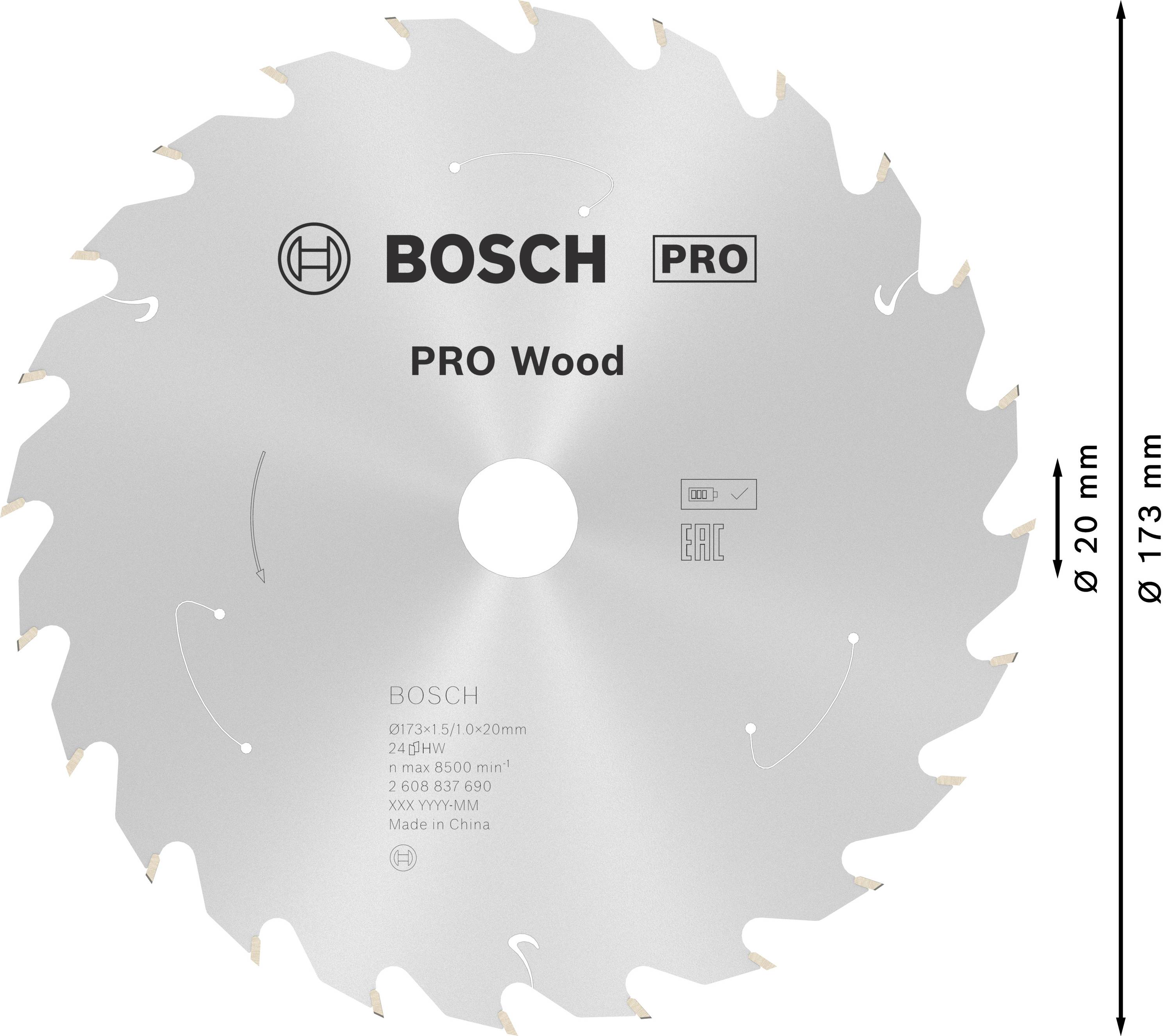 Kotúč na okružnú pílu 'BOSCH PRO Wood', priemer 210 mm, 20 zubov, na drevo, zobrazuje logá, údaje o veľkosti a pôvod 'Made in China'.
