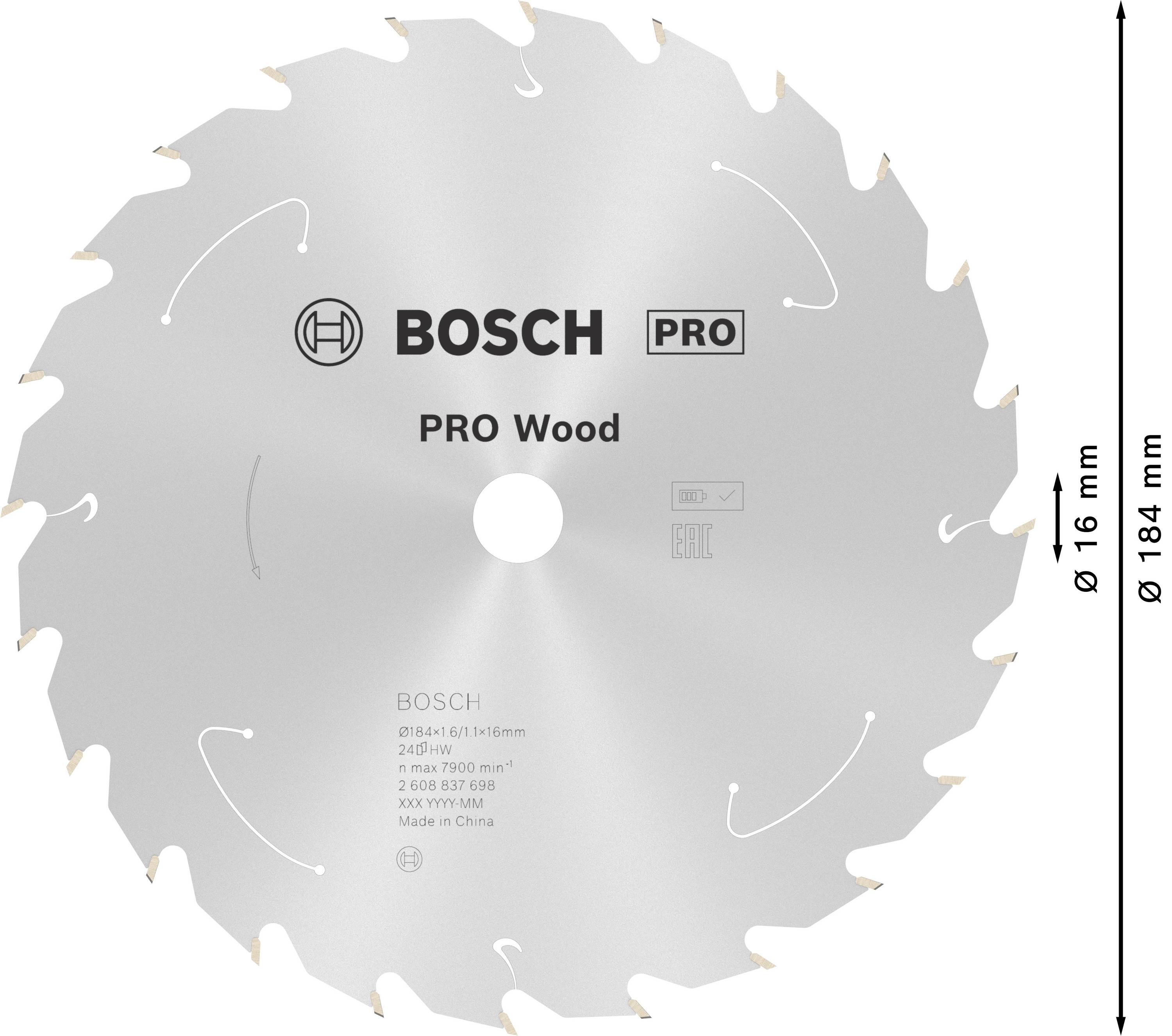 Kotúč na okružnú pílu 'BOSCH PRO Wood', priemer 184 mm, otvor 16 mm, 24 zubov, vhodný na spracovanie dreva.