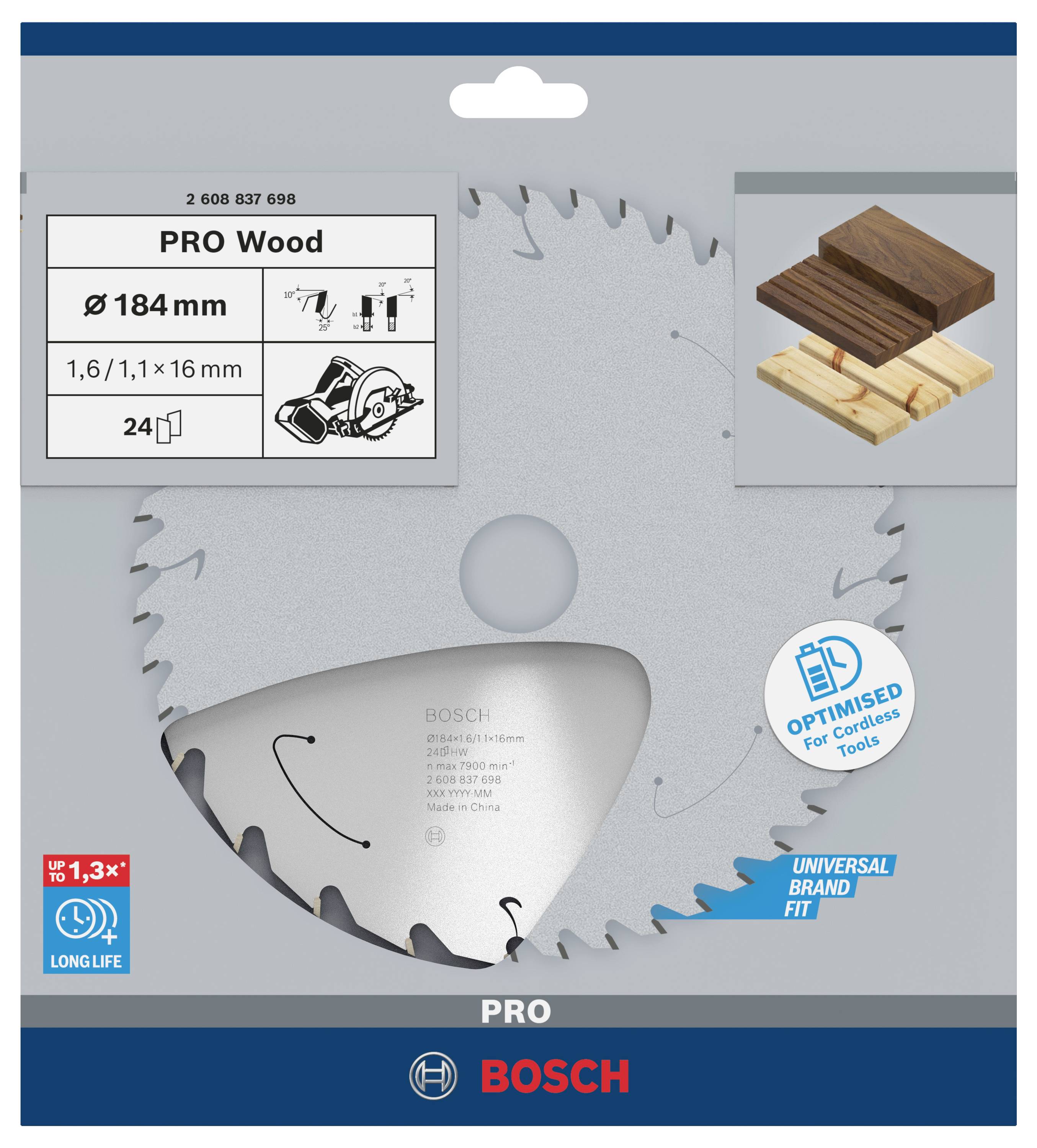 Kotúč pílový s textom 'PRO Wood', priemer 184 mm, 24 zubov, vhodný na drevo. Obrázok drevených kusov a symbol nástroja.