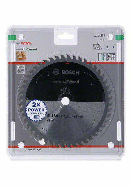 Kotúč pílový od Bosch, model na drevo, priemer 184 mm, 48 zubov, vhodný pre akumulátorové zariadenia, v originálnom balení.