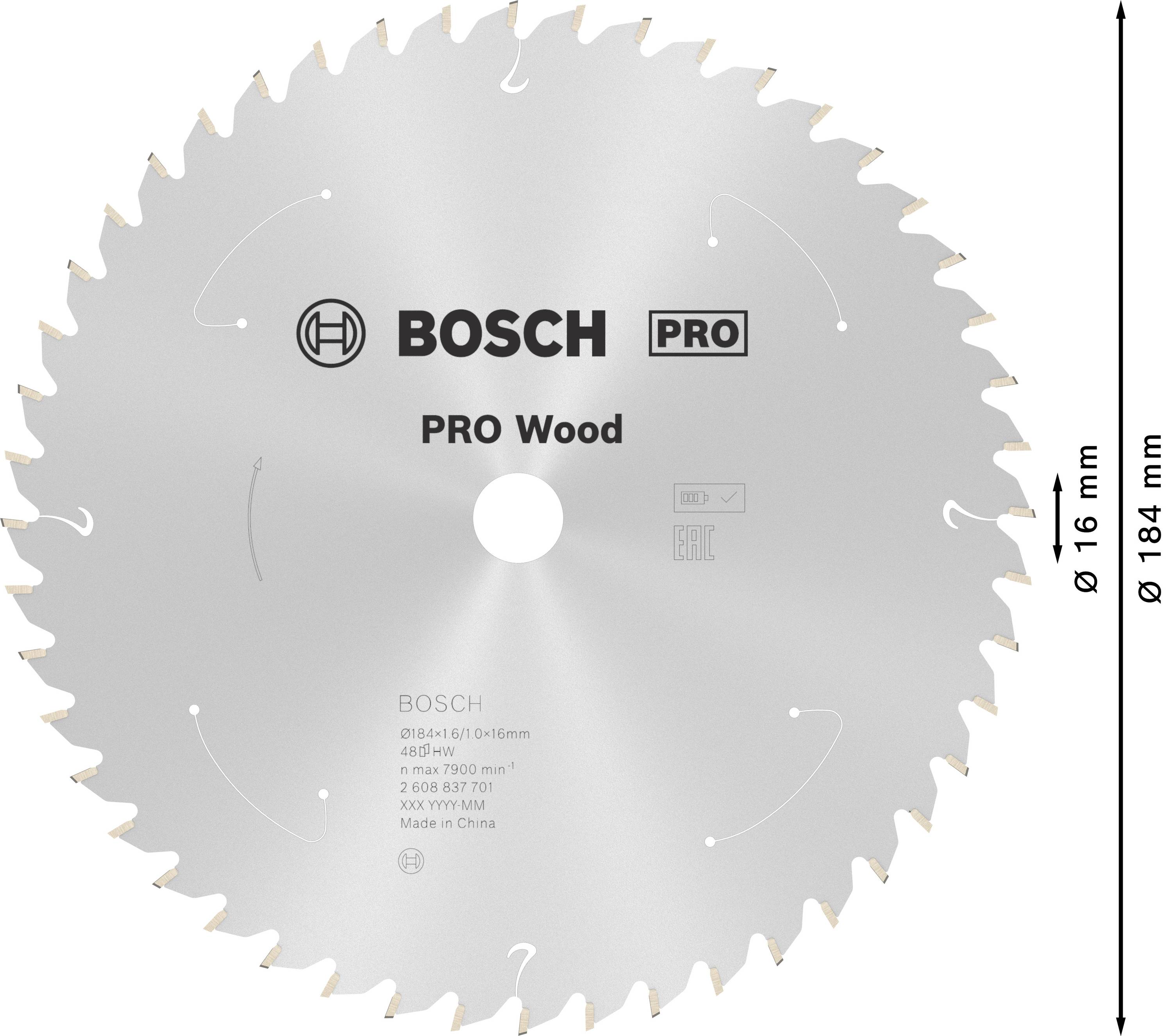Kotúčová píla značky Bosch s nápisom 'PRO Wood', špeciálne pre prácu s drevom, priemer 184 mm, otvor 16 mm.