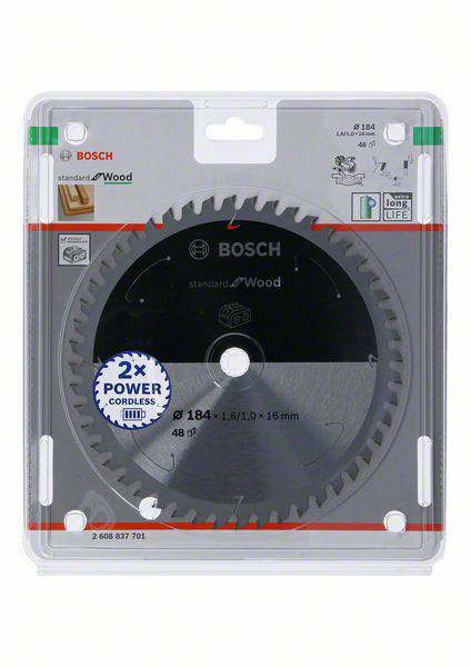 Kotúč píly Bosch na drevo s priemerom 184 mm. Na obale sú symboly '2X Power' a 'Long Life'.