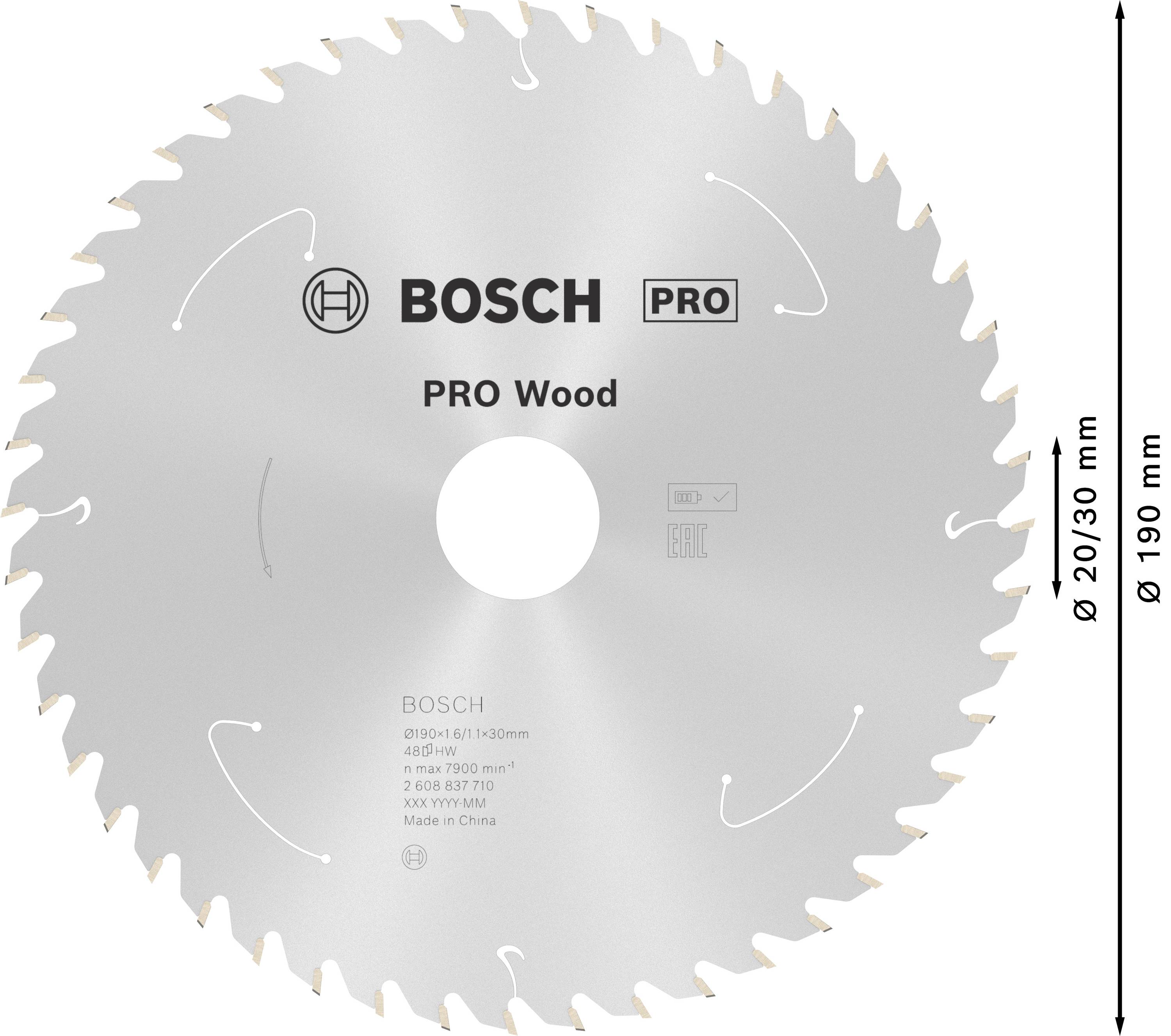 Pílový list 'Bosch PRO Wood', priemer 190 mm, otvor 20/30 mm, 48 zubov, na opracovanie dreva.