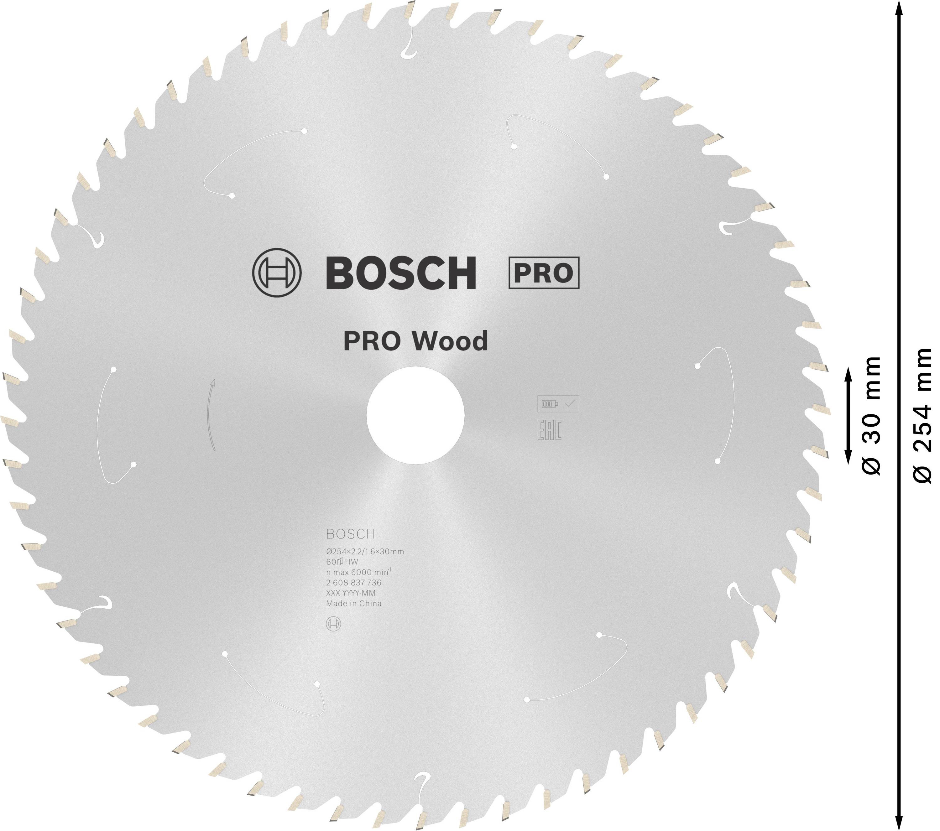 Kotúč do píly 'Bosch PRO Wood', priemer 254 mm, otvor 30 mm, na rezanie dreva.