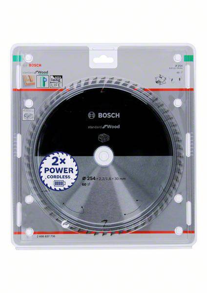 Obal pílového listu Bosch, 'Standard for Wood', priemer 254 mm, pre akumulátorové náradie, zvýraznenie: '2x Power Cordless'.