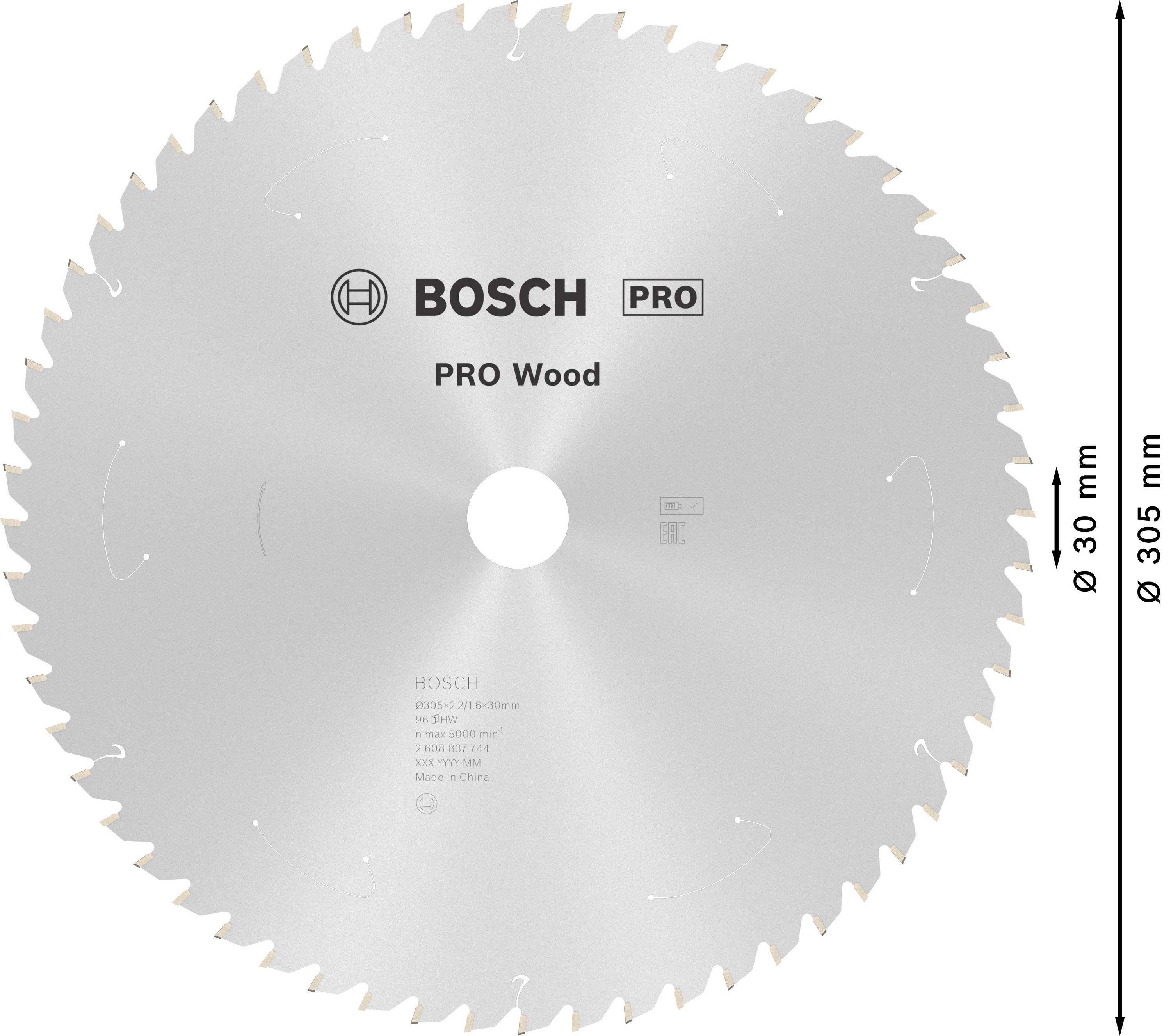 Okrúhly pílový list Bosch 'Pro Wood', priemer 305 mm, vnútorný priemer 30 mm, striebornej farby s ostrými zubami, vhodný na prácu s drevom.