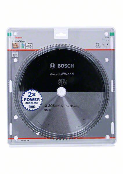 Balenie sivého kotúča Bosch pílového kotúča, priemer 305 mm, na drevo. Označený '2x Power Cordless'.