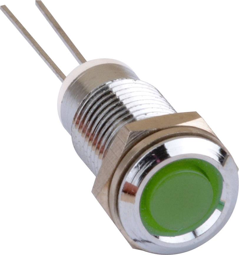 Zelený LED kovový tlačidlový spínač s dvoma kontaktmi, pohľad z boku. Vhodný pre elektronické aplikácie a ovládania.