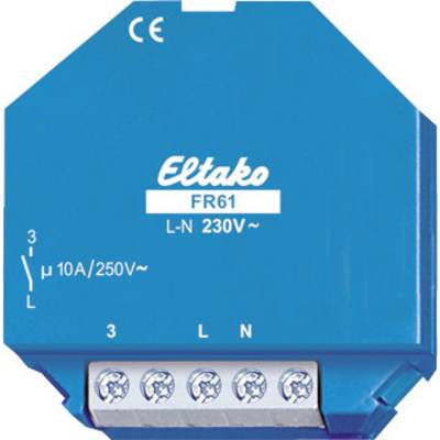 Modrý Eltako FR61 relé s CE označením. Podporuje 230V, 10A/250V~. Dole sú viditeľné tri pripojovacie svorky.