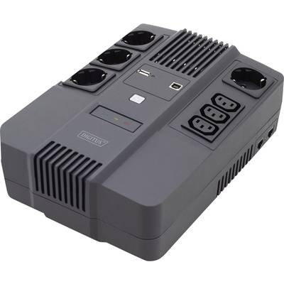 Sivé záložné napájacie zariadenie (UPS) s elektrickými zásuvkami, USB a sieťovými portami na hornej strane. Slúži na zabezpečenie napájania v prípade výpadku elektrického prúdu.