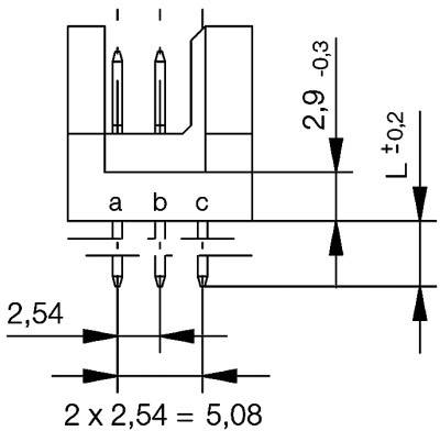 Stekrový diagram s tromi pinmi, označenie 'a', 'b', 'c'. Vzdialenosť horizontálne 5,08 mm, vertikálne 2,9 mm. Značky ukazujú tolerancie.