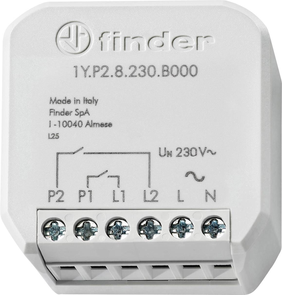 Biele elektrické relé 'Finder 1Y.P2.8.230.B000' s konektormi P1, P2, L1, L2, L, N, navrhnuté pre 230V.