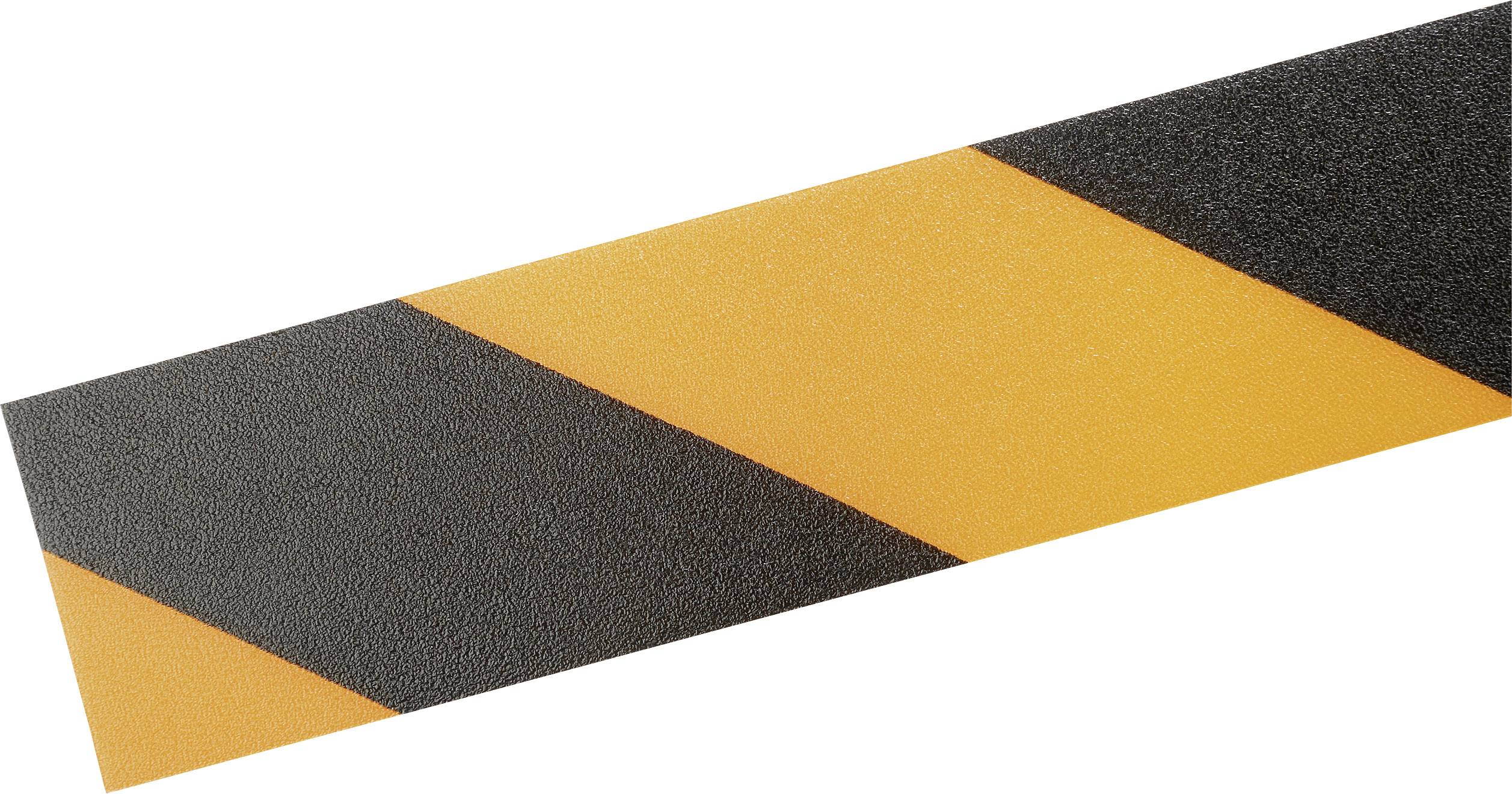 Výstražný pás so striedajúcimi sa čiernymi a žltými pruhmi, ktorý signalizuje opatrnosť alebo potenciálne nebezpečnú plochu.