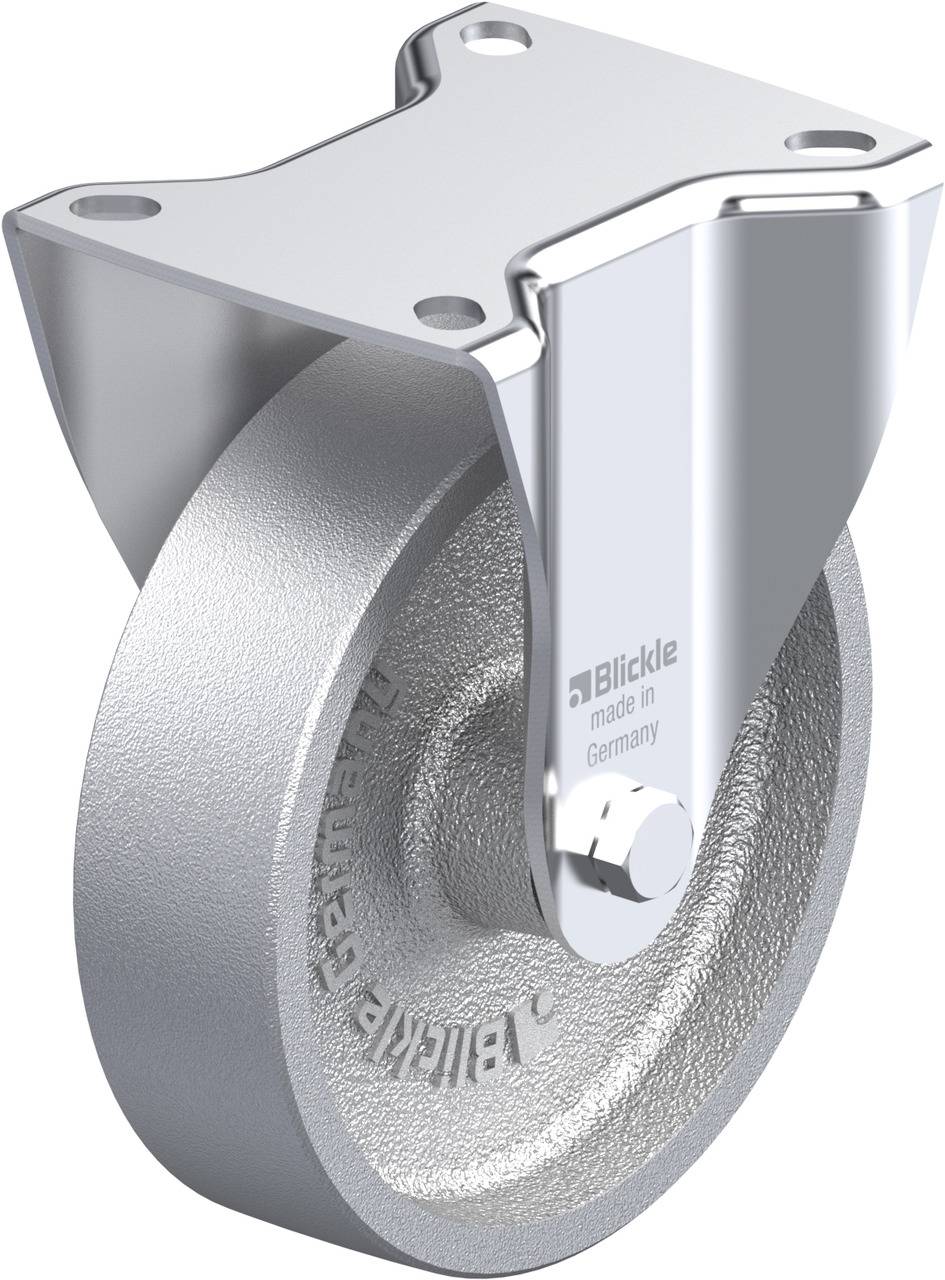 Kovové koleso s upevňovacou doskou, nápis 'Blickle made in Germany'. Vhodné pre ťažké náklady, priemyselné použitie.