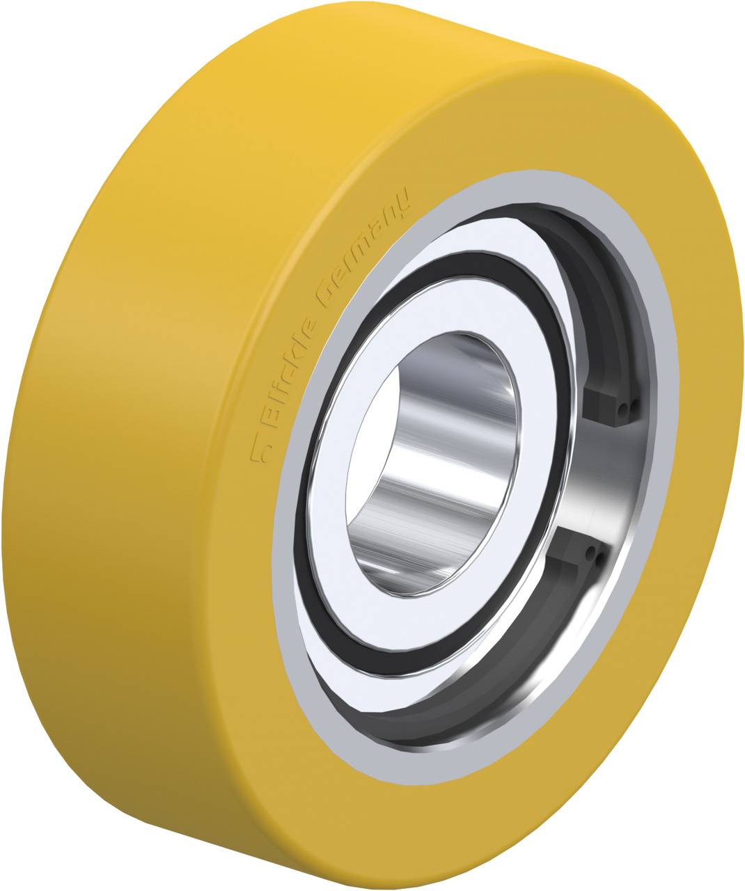Žltý guľkový ložiskový element s kovovými krúžkami, vhodný pre priemyselné aplikácie. Vykazuje leštenú povrchovú úpravu a presnú mechanickú konštrukciu.