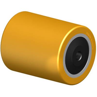 Žltý valec s čiernym stredom, pravdepodobne priemyselný valec alebo strojová súčasť, na bielom pozadí.