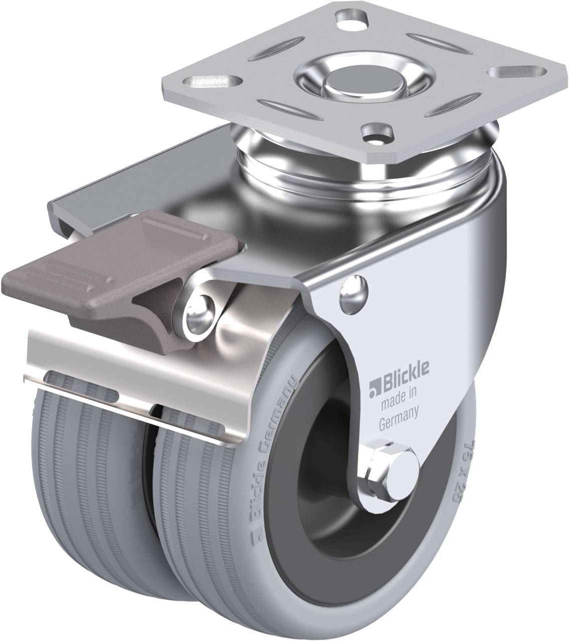Dve sivé kolieska s kovovým puzdrom a montážnou doskou, vyrobené nemeckou spoločnosťou. Vhodné pre nábytok alebo zariadenia.