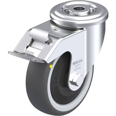 Kovesná rolka z kovu so sivým kolesom, vhodná pre nábytok alebo prepravné zariadenia. Označená nápisom 'Blickle made in Germany'.