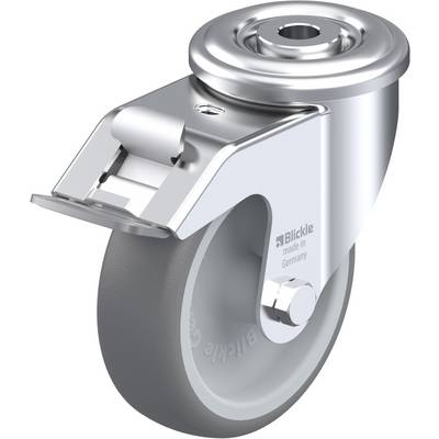 Jedno otočné kovové koleso so sivým gumovým povrchom, určené pre transportné vozíky alebo nábytok. Na boku je napísané 'Blickle, made in Germany'.