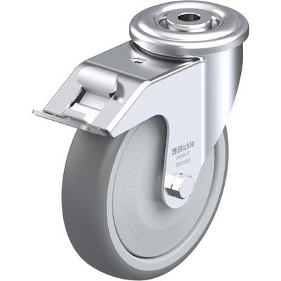 Otočné koliesko so sivým kolesom a strieborným krytom, vhodné pre rôzne transportné aplikácie. Na kryte je vytlačené 'Blickle made in Germany'.