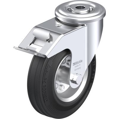 Otočné koliesko z kovu s čiernym gumeným kolesom, pripevnené po stranách skrutkami. Gravírovaný nápis 'Blickle made in Germany'.