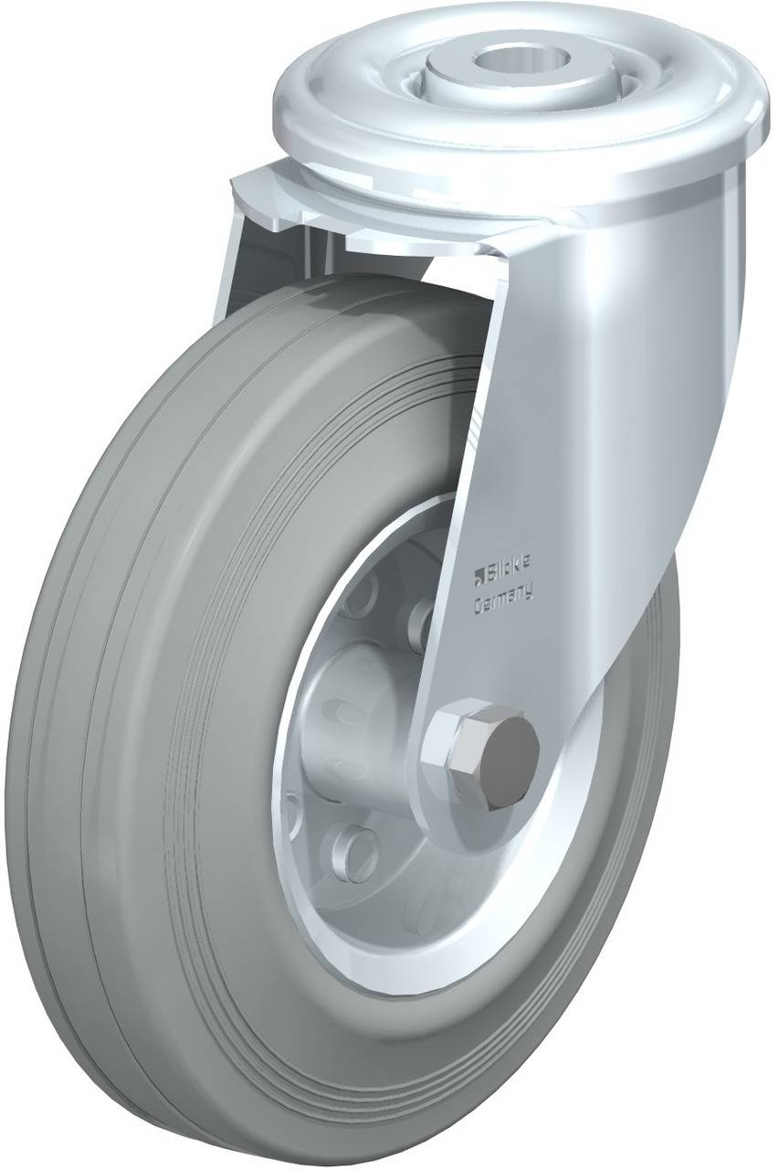 Robustné koleso z kovu a gumy pre priemyselné aplikácie, s otočným kĺbom na jednoduchú zmenu smeru.