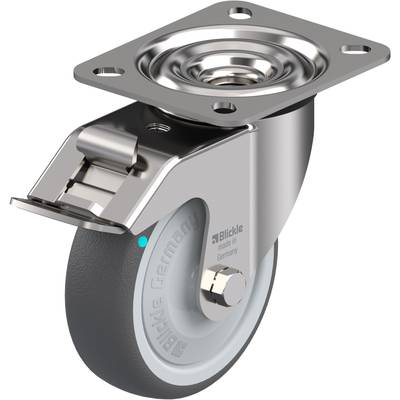 Priemyselné koliesko s brzdou z kovu a gumy, namontované na obdĺžnikovej základnej doske. Vhodné pre ťažkotonážne aplikácie.